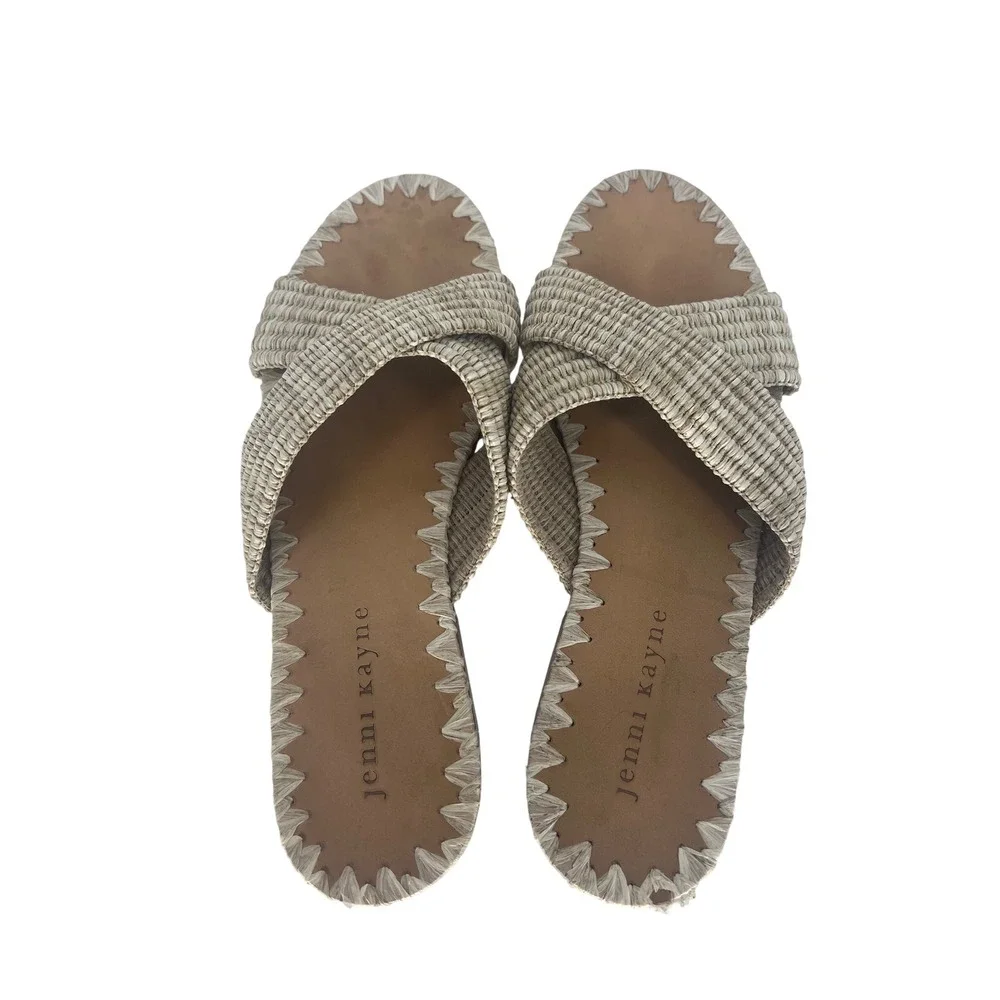 Jenni Kayne Raffia Crossover Sandals Tan Cream Woven Flat Slides Size 38